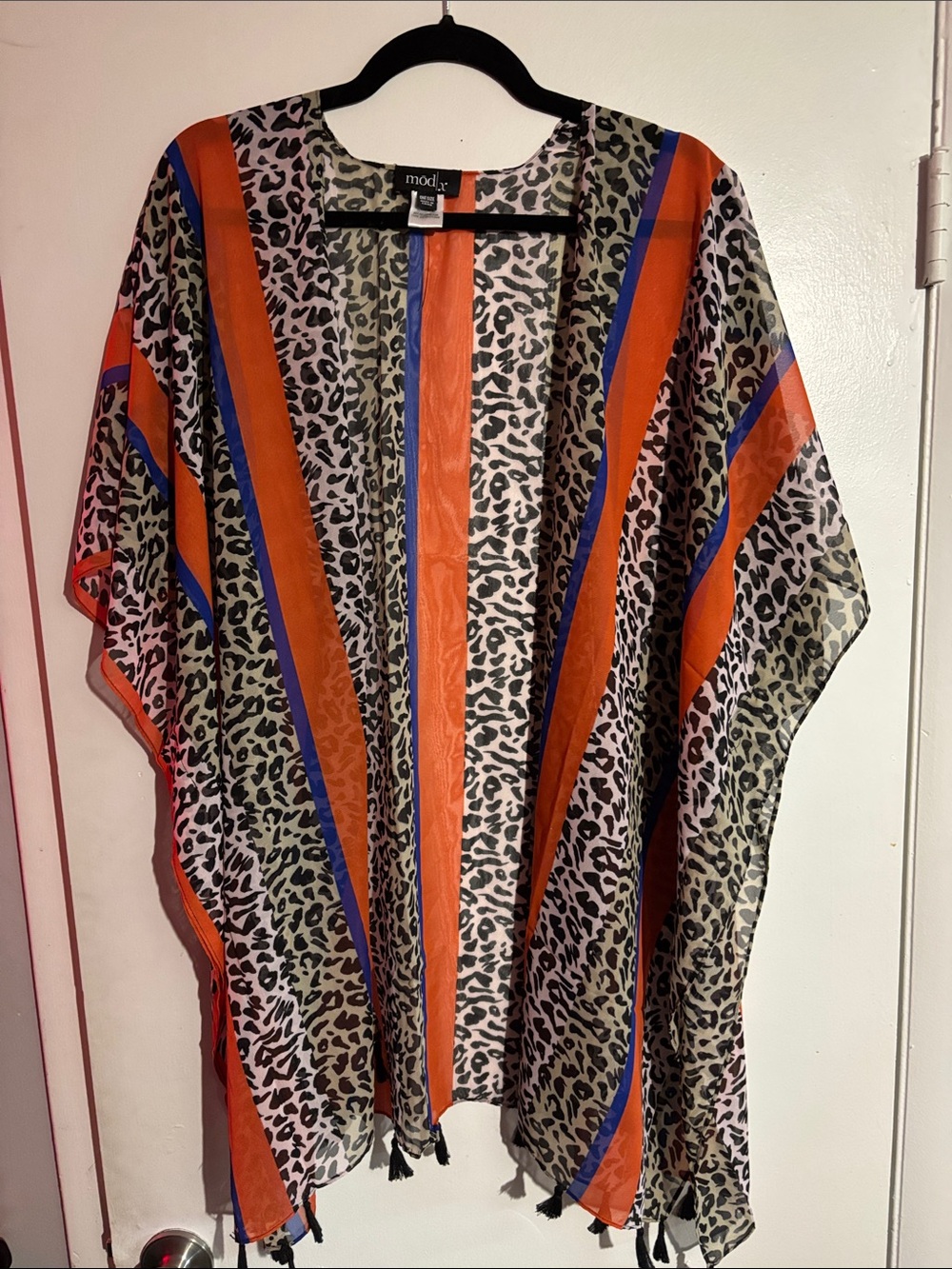 Sheer Animal Print Kimono with Bright Orange & Blue Stripes from Mōd x.